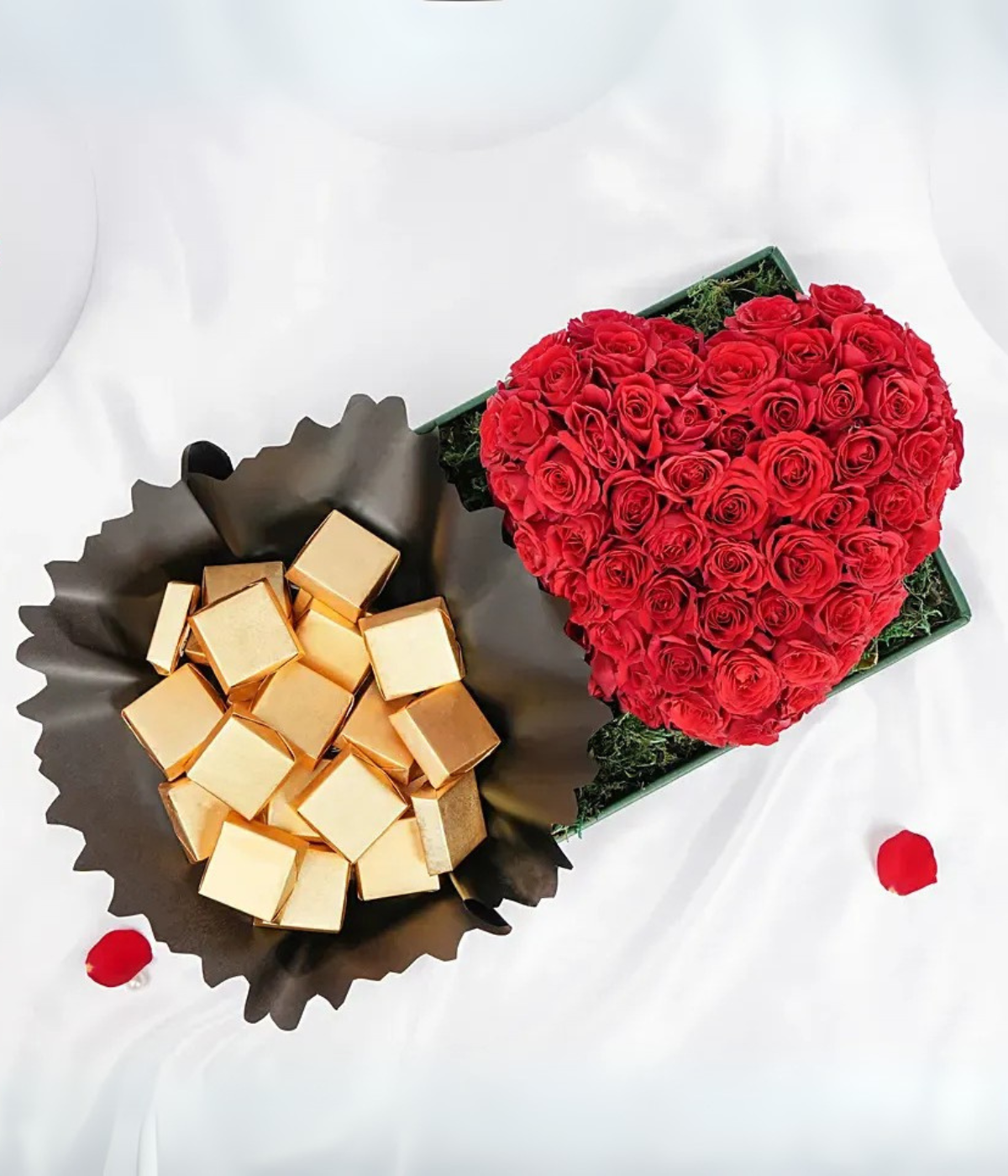 Heart Shaped Rose Arrangement And Chocolates
