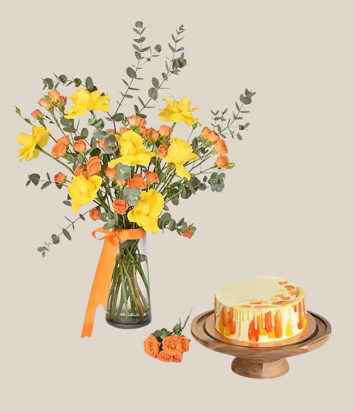 Golden Glow Surprise Orange And Yellow Roses with Heavenly Cake