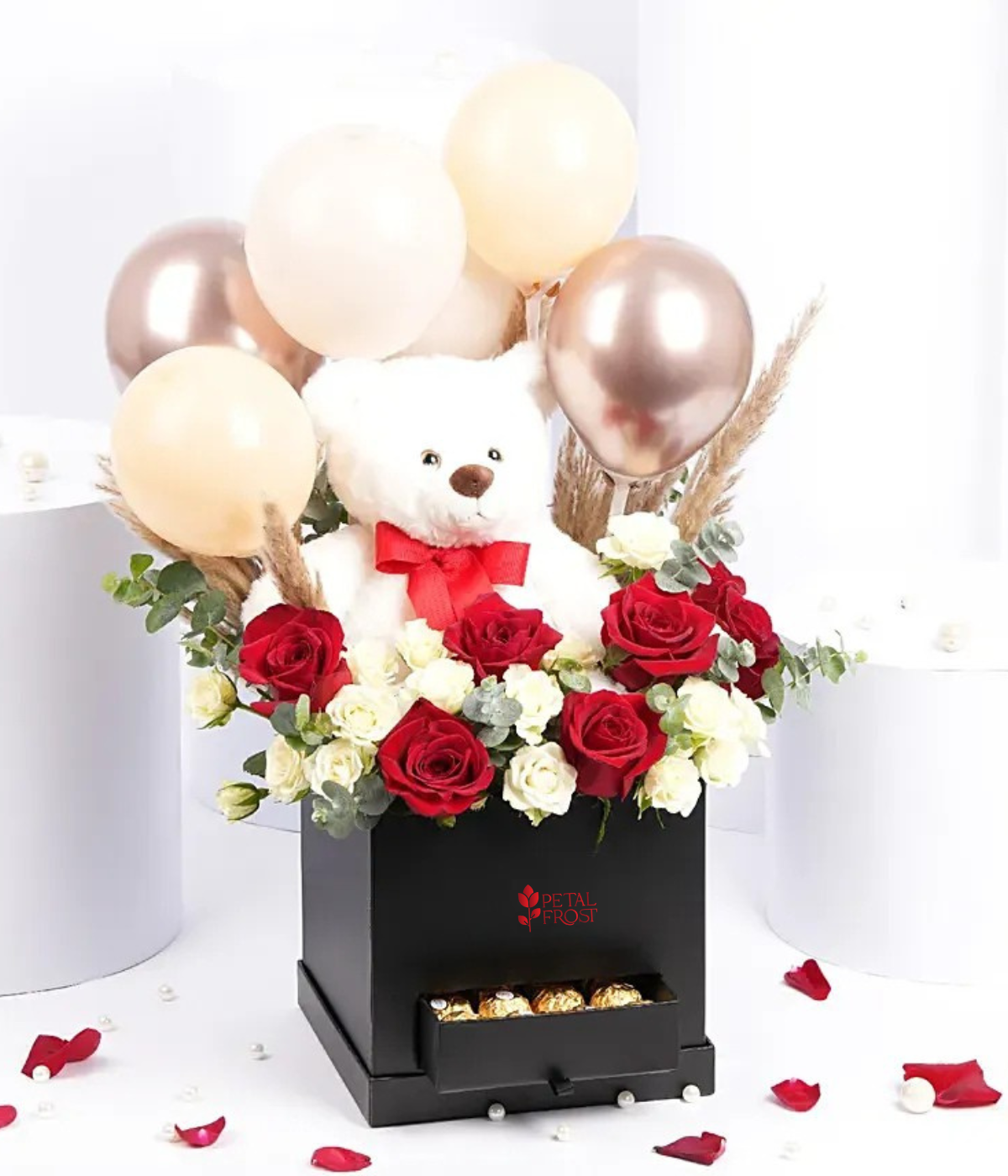 Teddy Balloon and Flower Box with Chocolates