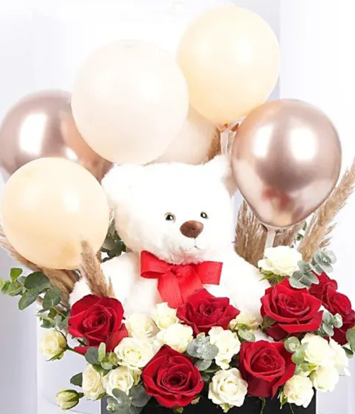 Teddy Balloon and Flower Box with Chocolates