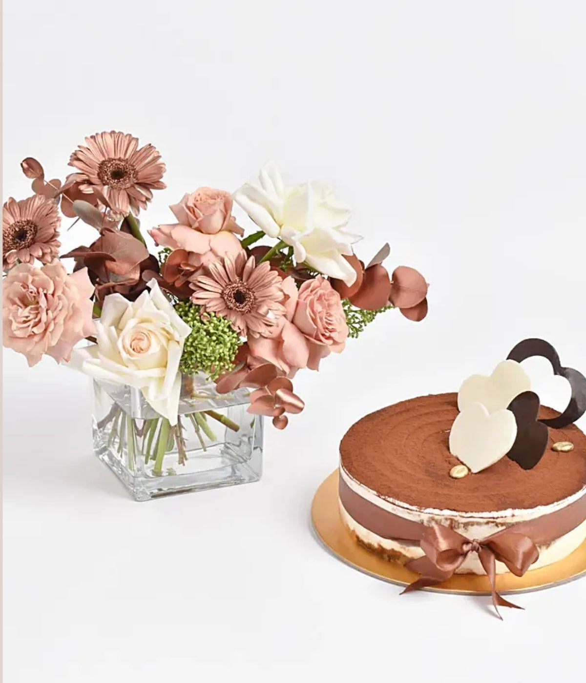 Timeless Elegance Monochrome Flowers And Tiramisu Cake Combo