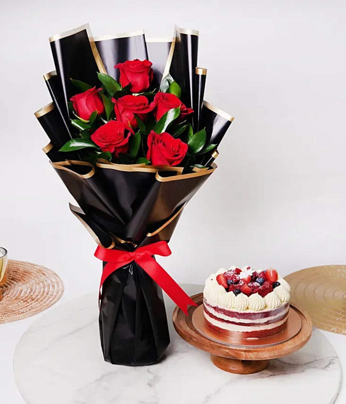 Red Roses with Red Velvet Cake | Perfect Romantic Gift