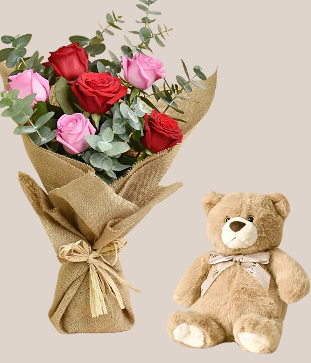 6 Mixed Roses & Cute Teddy Bear Gift