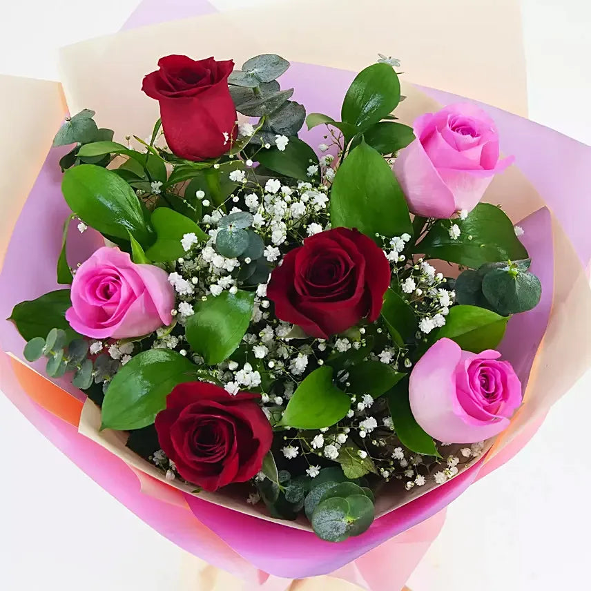 Gorgeous Roses Bouquet with Triple Chocolate Cake | Pink & Red Roses Gift Combo