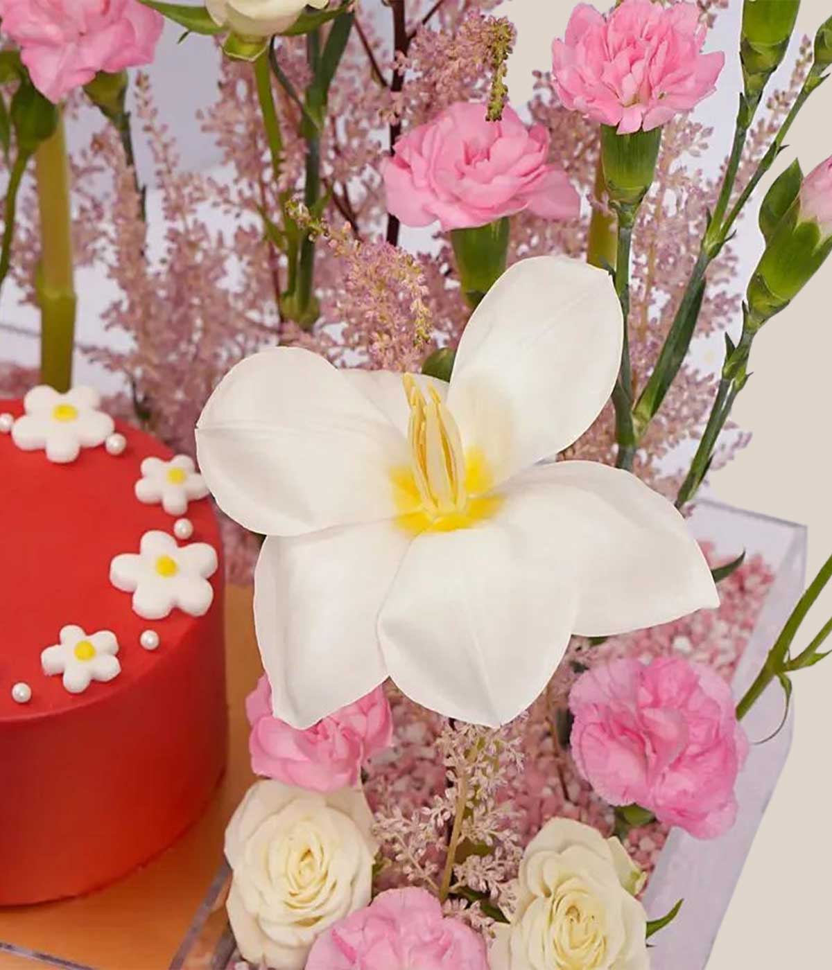 Hues of Pink Combo | Elegant Flower & Red Velvet Mono Cake Gift Box