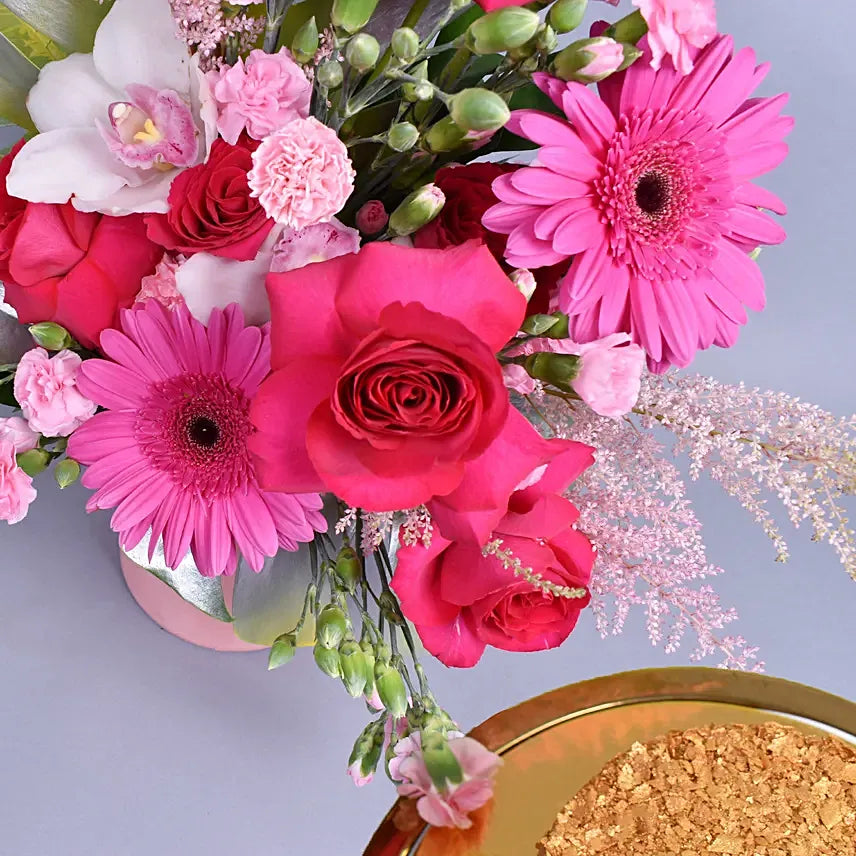 Magical Grace Flower Arrangement with Cake | Elegant Pink Blooms in Glass Vase