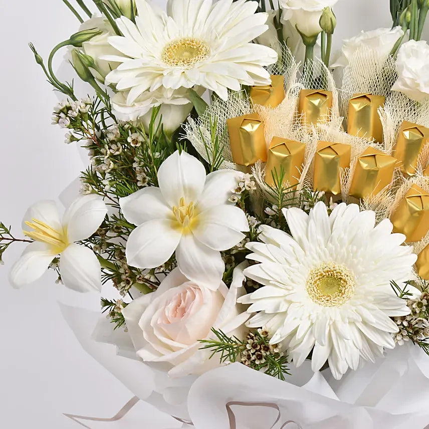 Mesmerising White & Gold Bouquet | Elegant White Flowers with Milk Chocolate Gift