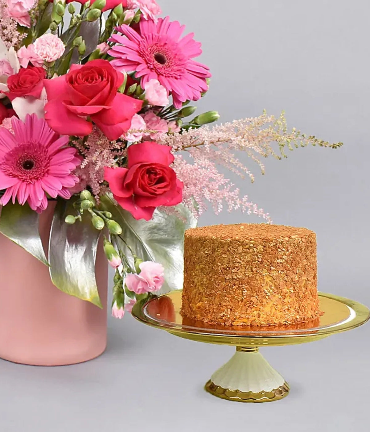 Magical Grace Flower Arrangement with Cake | Elegant Pink Blooms in Glass Vase