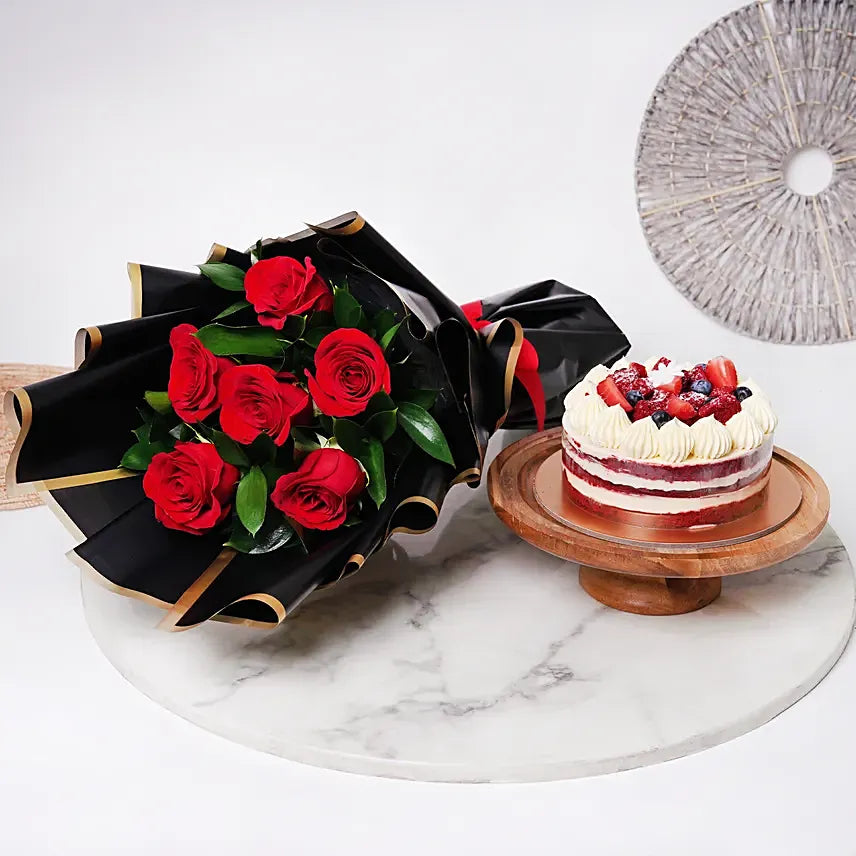 Red Roses with Red Velvet Cake | Perfect Romantic Gift