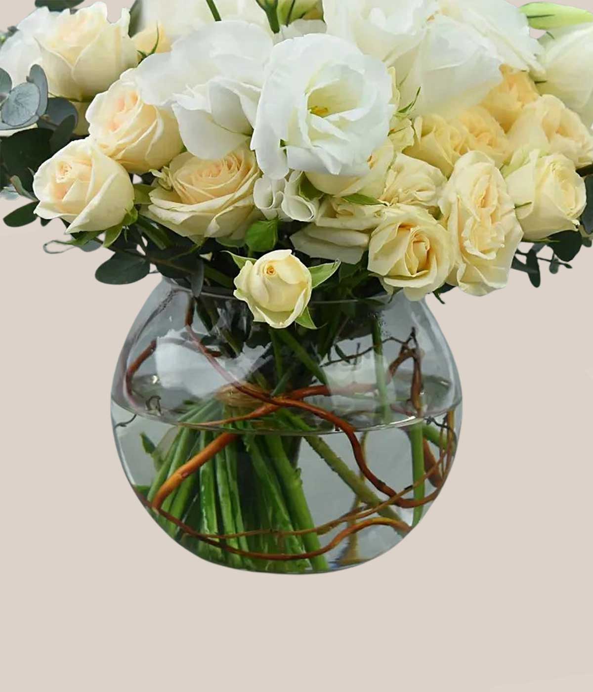 Spray Roses with White Lisianthus in Fish Bowl