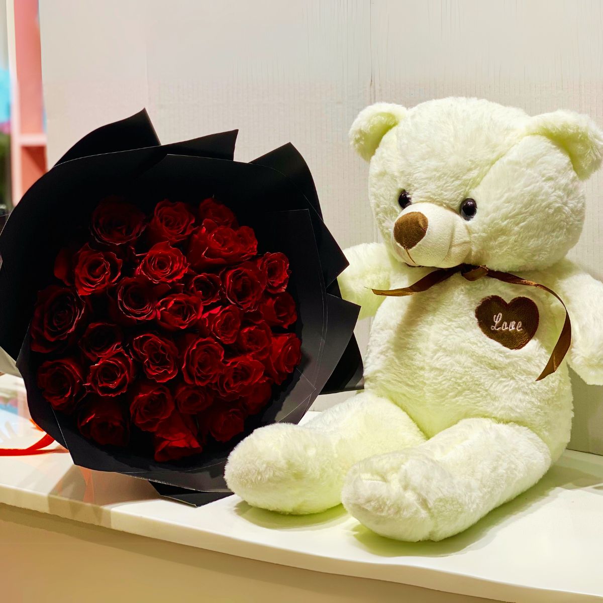 30 Red Roses with Teddy Bear