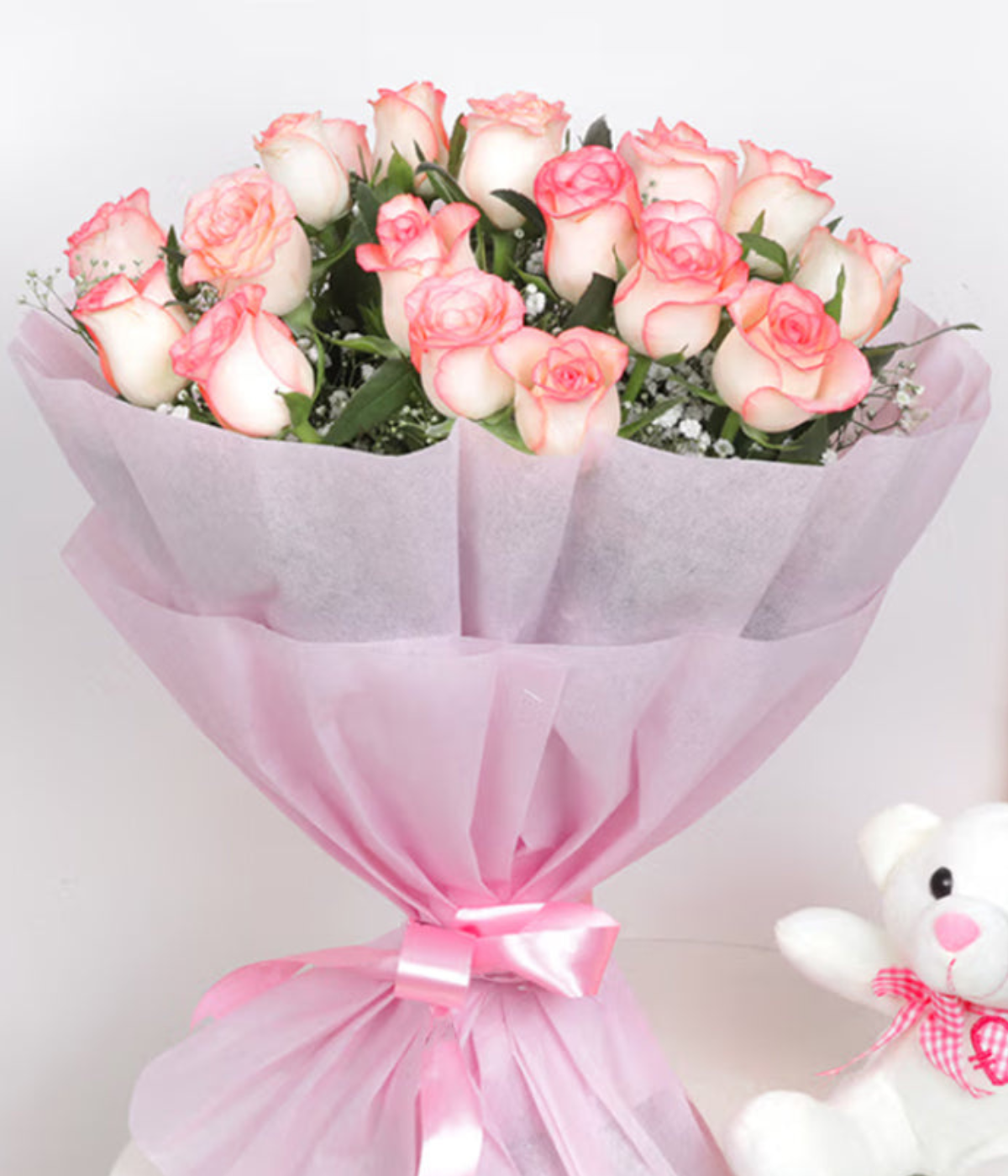 21 Fresh Pink Roses Bouquet with Teddy Bear