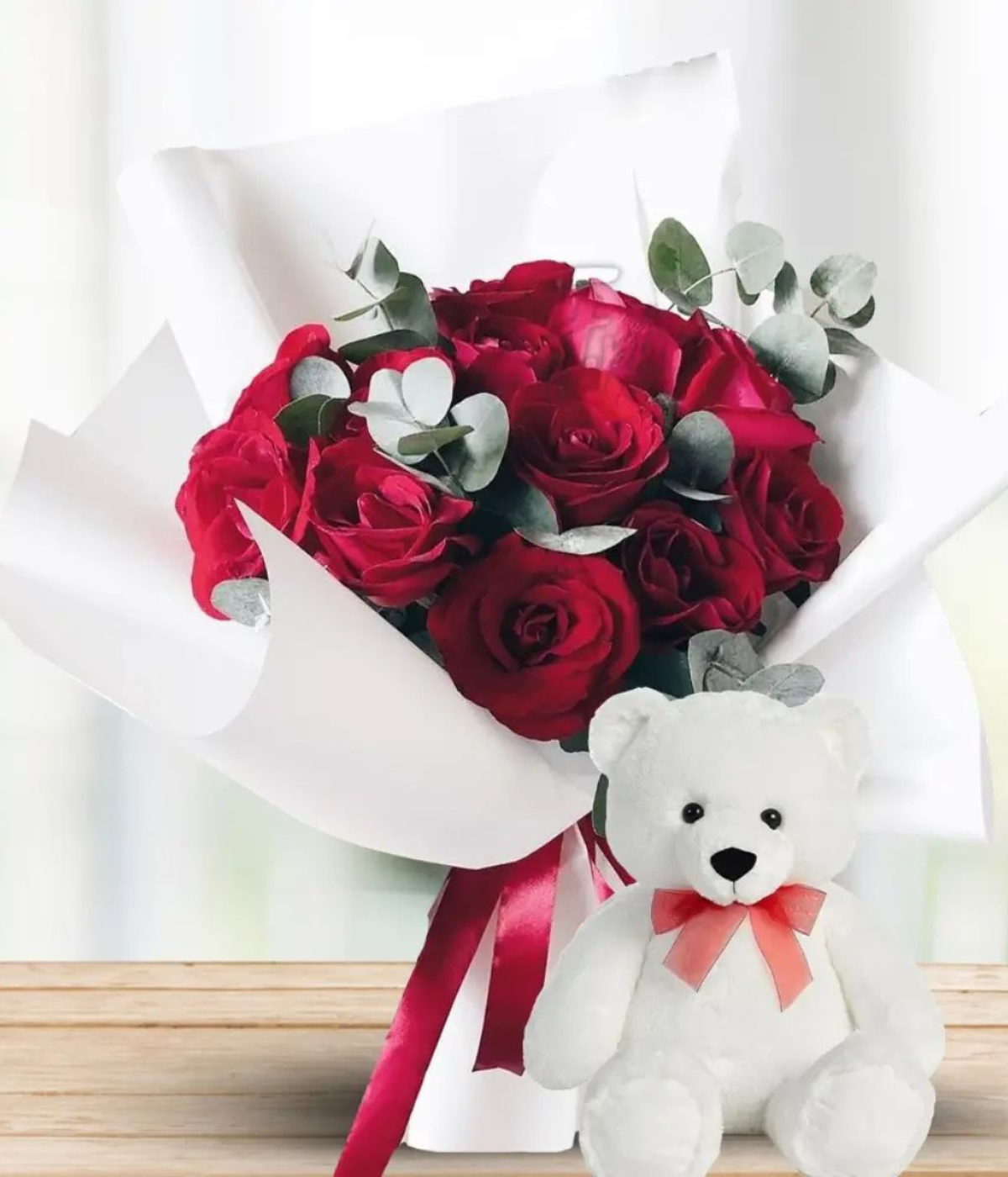 Teddy & Blooms Affair | Red Roses with Cuddly Teddy