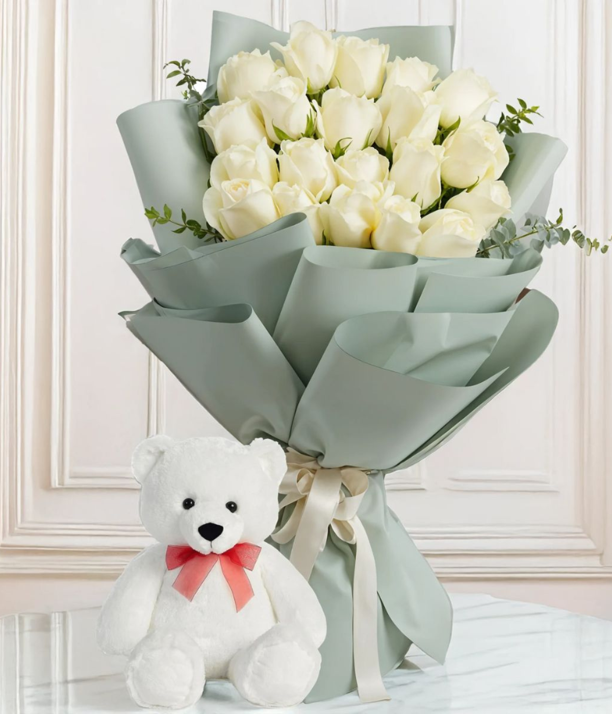 Teddy & Blooms Harmony Combo | Cute Teddy with Fresh Flowers Gift Set