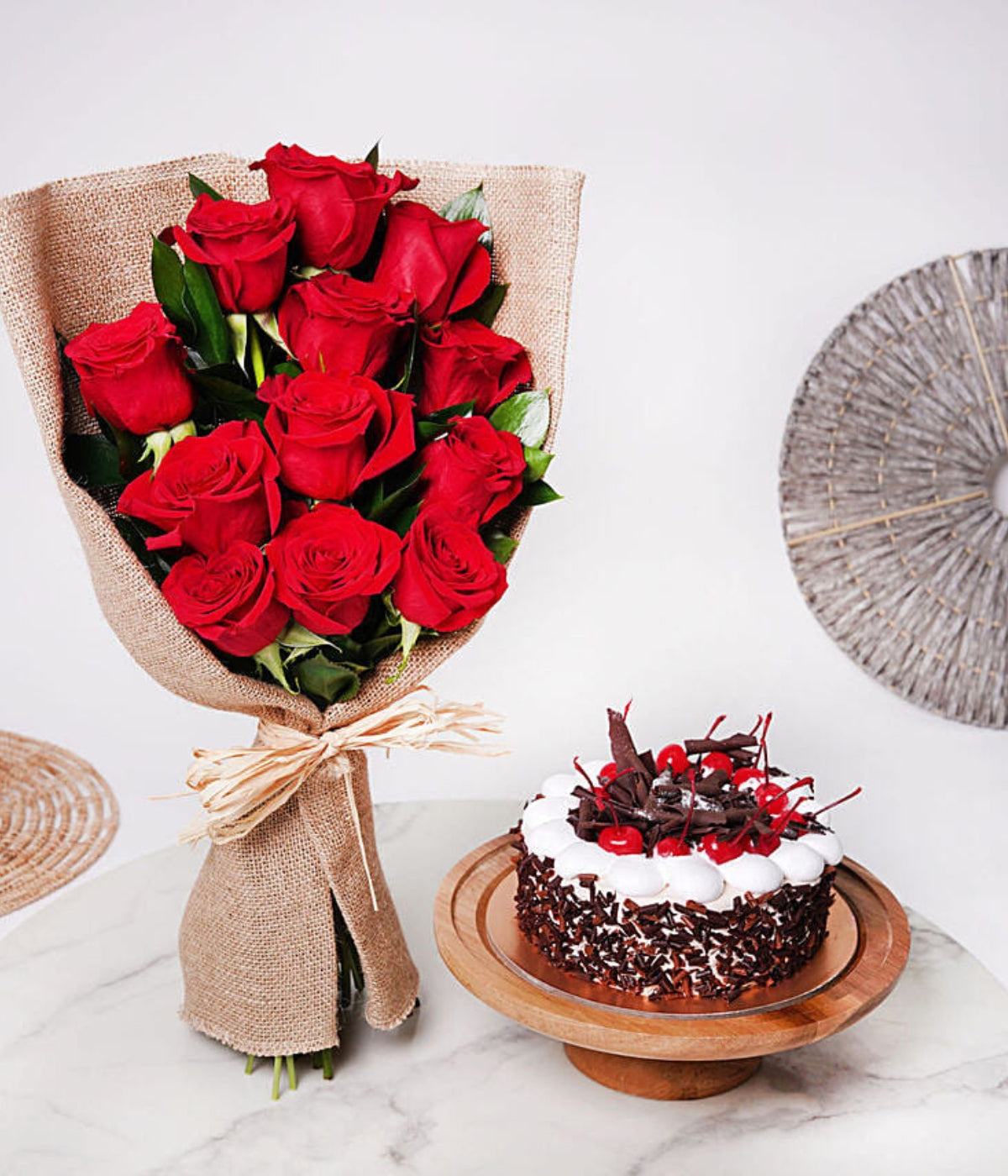 Fresh Red Roses & Black Forest Cake Combo