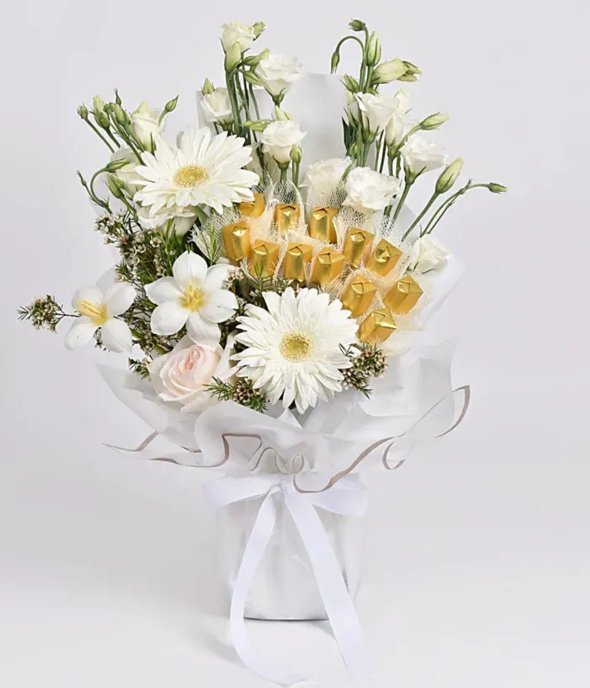 Mesmerising White & Gold Bouquet | Elegant White Flowers with Milk Chocolate Gift