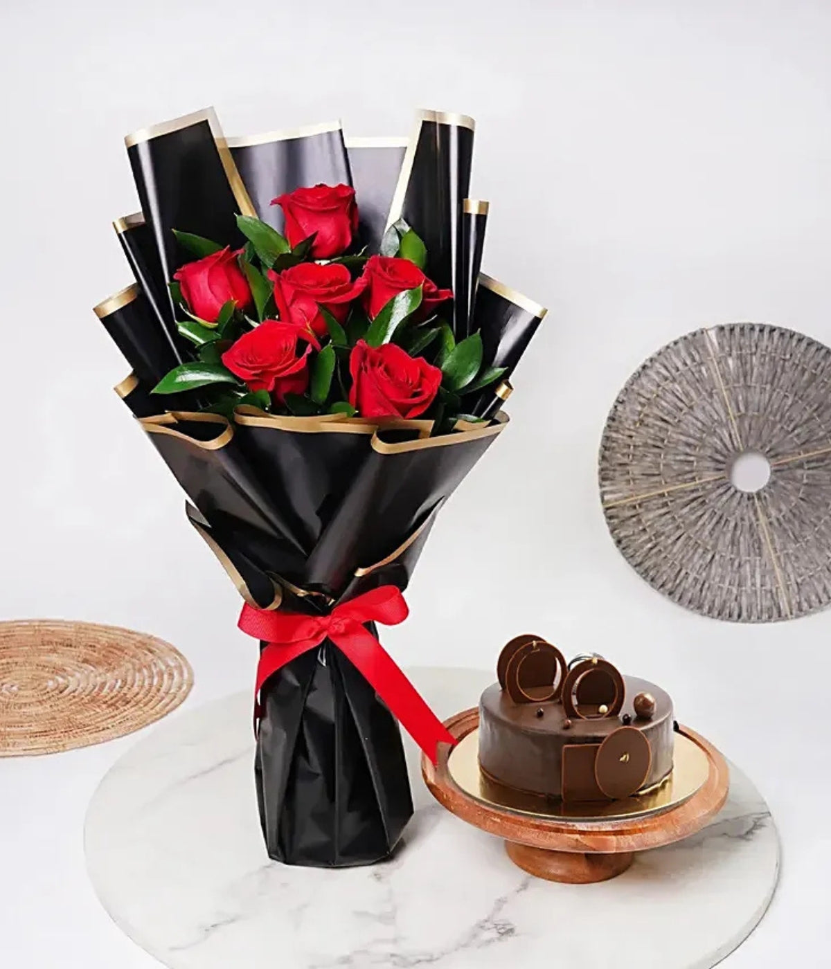 Fresh Roses Paired with Delicious Fudge Cake