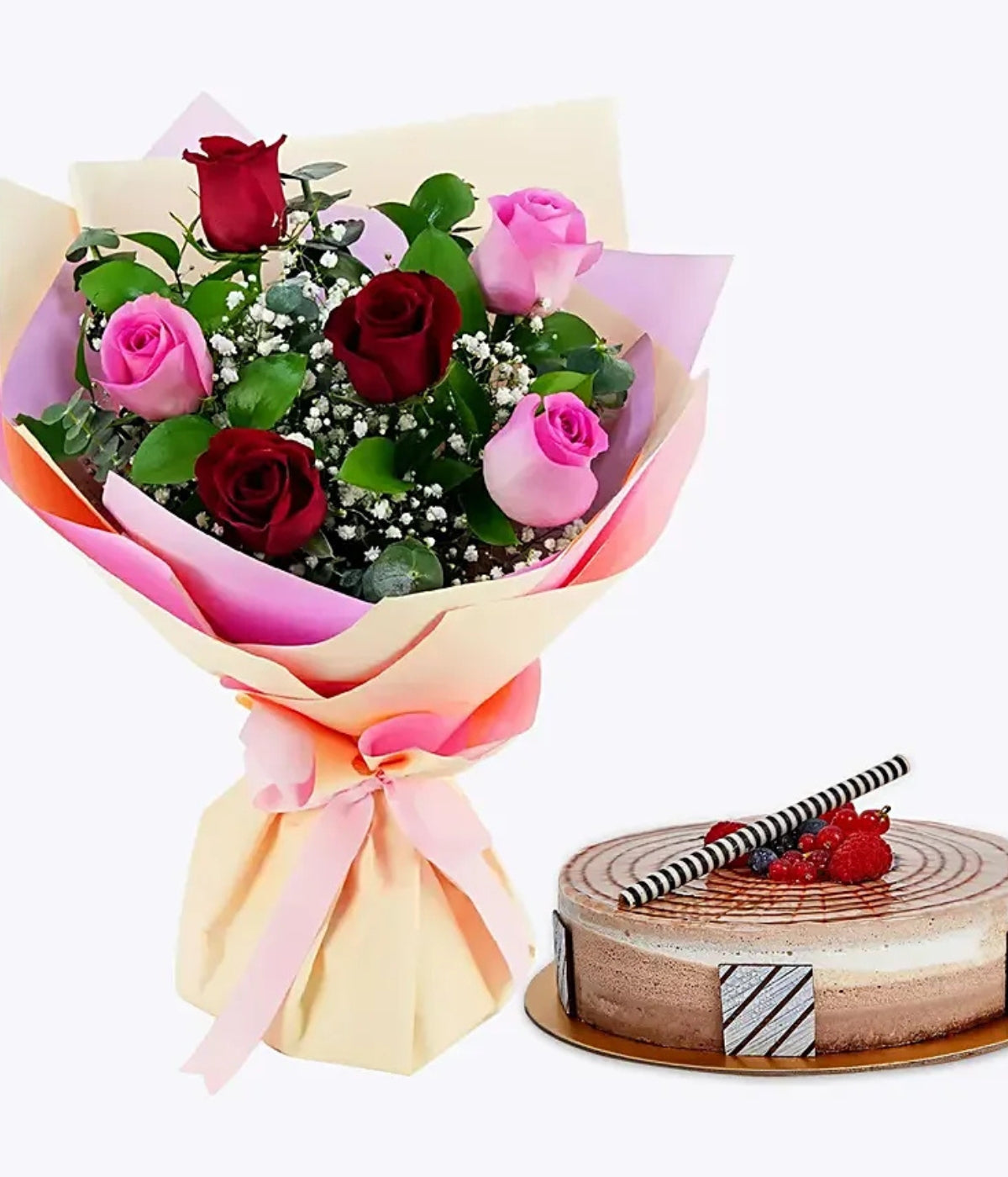 Gorgeous Roses Bouquet with Triple Chocolate Cake | Pink & Red Roses Gift Combo