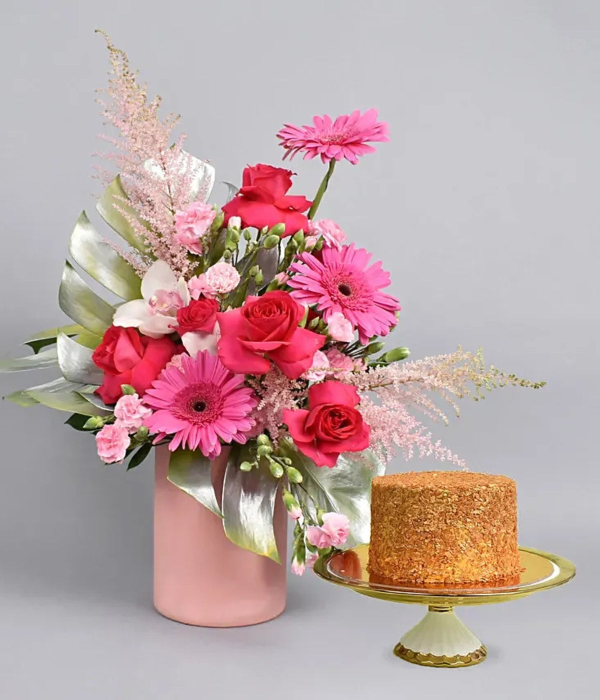 Magical Grace Flower Arrangement with Cake | Elegant Pink Blooms in Glass Vase