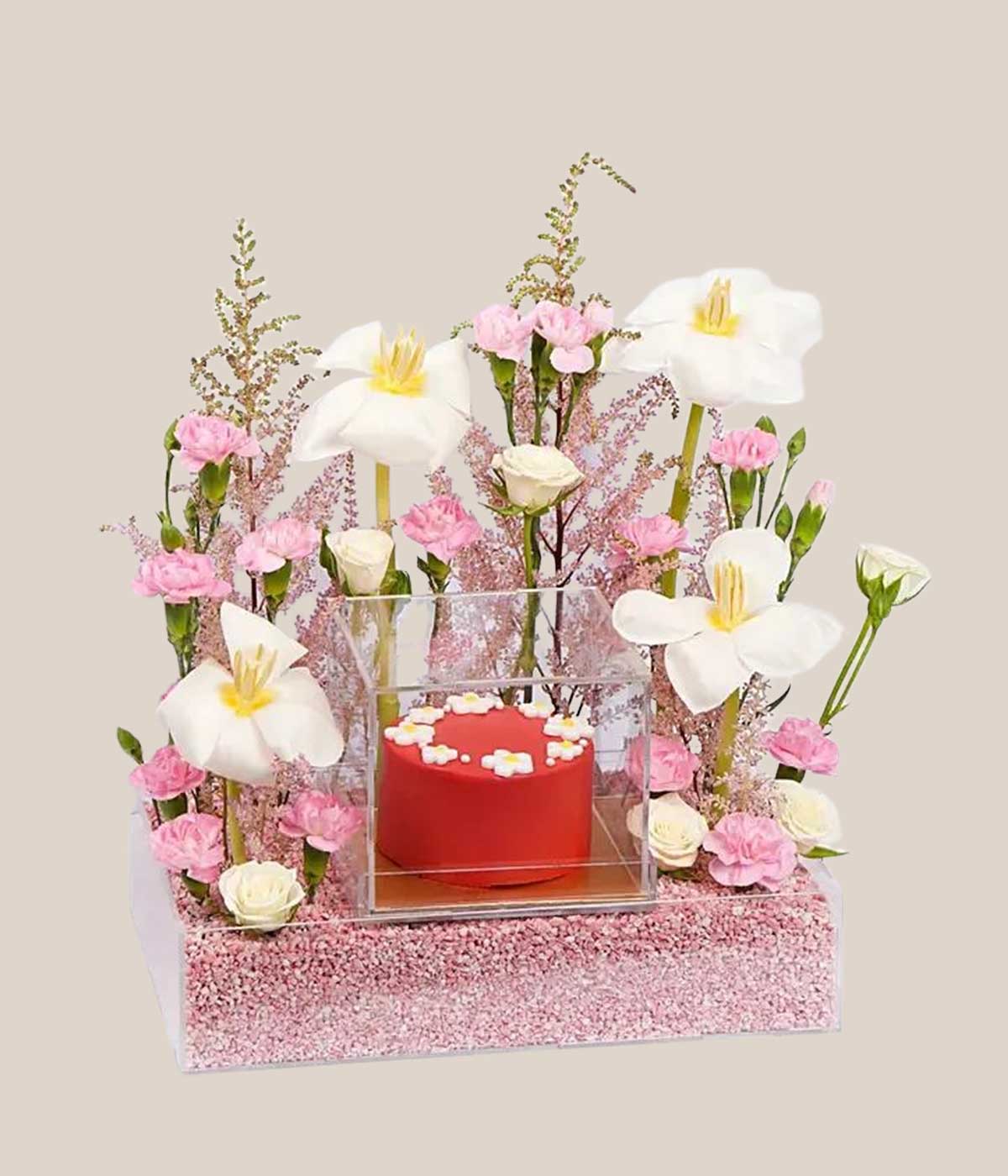 Hues of Pink Combo | Elegant Flower & Red Velvet Mono Cake Gift Box