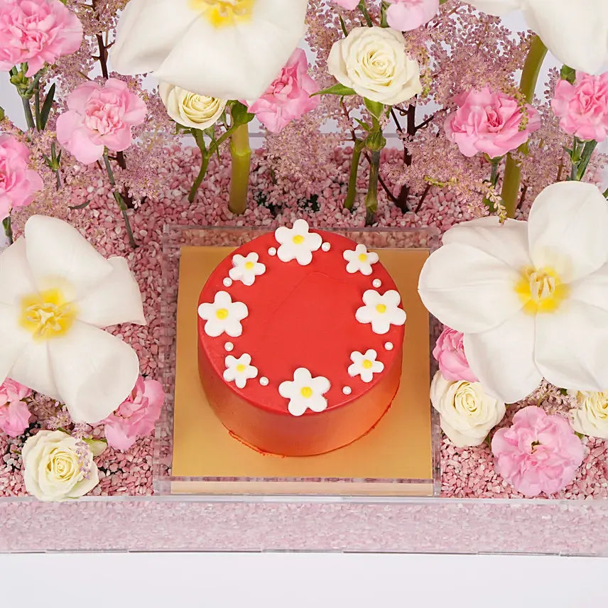 Hues of Pink Combo | Elegant Flower & Red Velvet Mono Cake Gift Box