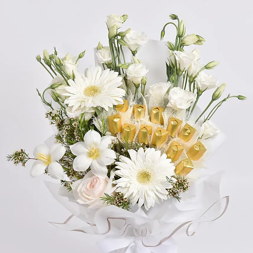 Mesmerising White & Gold Bouquet | Elegant White Flowers with Milk Chocolate Gift