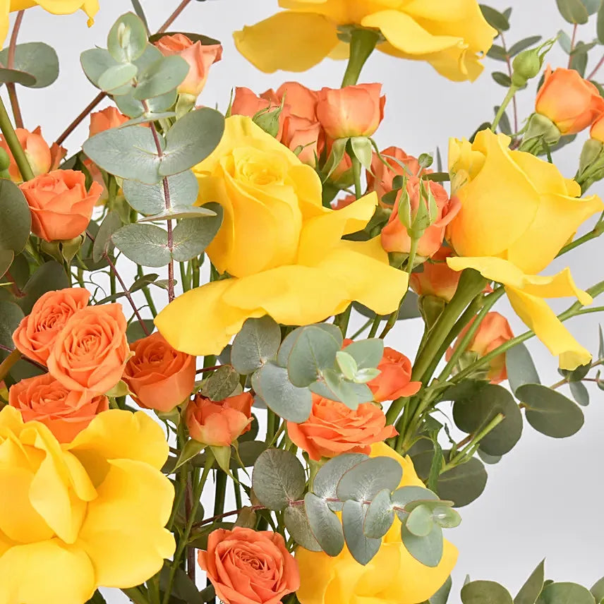 Golden Glow Surprise Orange And Yellow Roses with Heavenly Cake