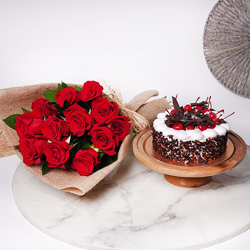 Fresh Red Roses & Black Forest Cake Combo