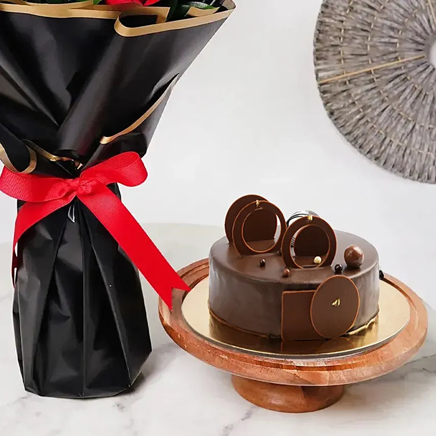 Fresh Roses Paired with Delicious Fudge Cake