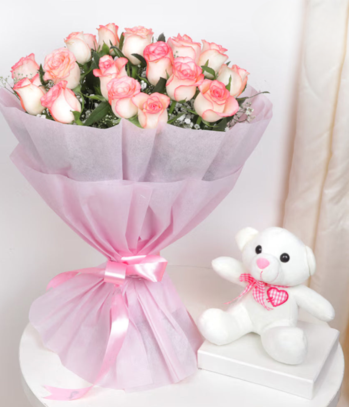 21 Fresh Pink Roses Bouquet with Teddy Bear